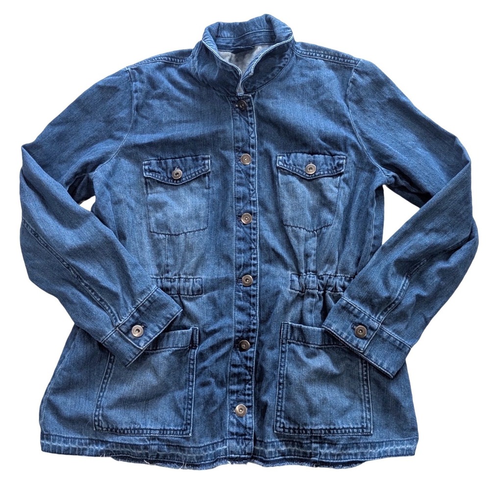 J.Jill Denim Field Jacket Blue Cotton Utility Elastic Waist Raw Hem Wmn M Petite